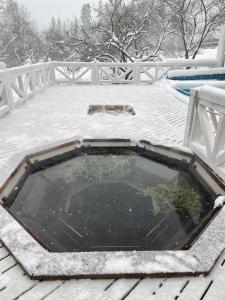 einen Pool mit Wasser auf einer Terrasse im Schnee in der Unterkunft Chalet Mlyn in Myhowe