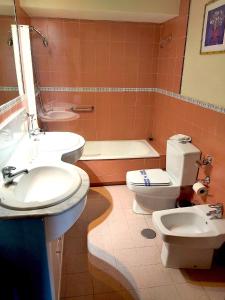 La salle de bains est pourvue d'un lavabo, de toilettes et d'une baignoire. dans l'établissement Plaza Andalucía Edificio Enebro 4-6 pax, à Sierra Nevada