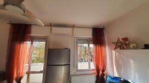 eine Küche mit einem Kühlschrank und 2 Fenstern in der Unterkunft casa vacanza fronte mare fano sassonia in Fano
