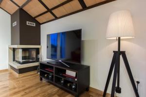 a living room with a television and a lamp at Dalmatian stone Villa Burica in Vinišće