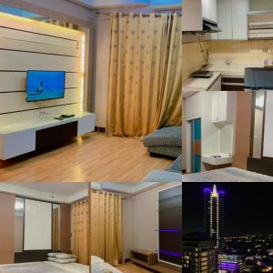 a collage of four pictures of a living room at KTC TRADE CENTRE in Kota Bharu