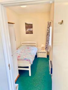 a small bedroom with a bed and green carpet at Cosy 2 bed cottage next to Fota Wildlife Park in Cork