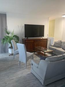 a living room with a couch and a tv at Grand appartement proche de Paris in Chilly-Mazarin +22 photos