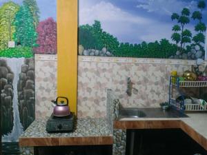 een keuken met een wastafel en een schilderij aan de muur bij Full house Aqiela syariah in Wonosobo