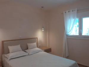 1 dormitorio con 1 cama con 2 almohadas y ventana en Diane Luxury Rooms, en Skala Kallirakhis