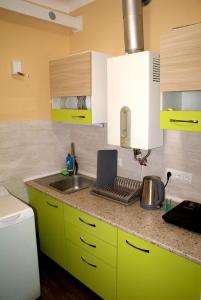a kitchen with green cabinets and a sink at Apartments KVADRO Dnepr, ул Холодноярская, 19, Метеор Апполо Рабочая Титова in Dnipro