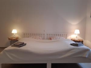 1 dormitorio con 1 cama blanca grande y 2 lámparas en Rheingauzeit, en Oestrich-Winkel