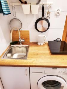 eine Küche mit einer Spüle und einer Waschmaschine in der Unterkunft Centrum Apartament Bolka in Świdnica