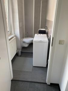 een kleine badkamer met een wastafel en een toilet bij Monteurswohnung in Akensche Vorstadt