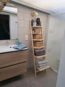 a bathroom with a towel ladder next to a sink at Chambre familiale "le pêcher" in Saillans