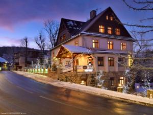 a house decorated with christmas lights on a street at Rezydencja Trojan Karpacz in Karpacz