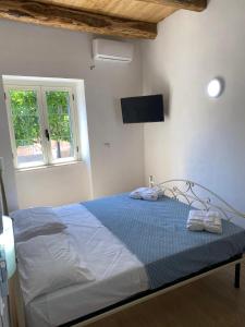 una camera con un letto e una coperta blu di Appartamento da Antonio a Parghelia