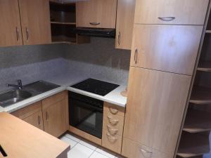 een keuken met houten kasten en een kookplaat met oven bij Achtalgarten in Pfronten +4 foto's