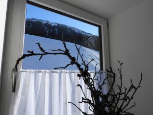 een raam met uitzicht op een met sneeuw bedekte berg bij Achtalgarten in Pfronten