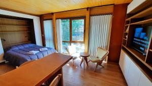 a living room with a couch and a tv in a room at Hermoso monoambiente en el centro de SMA, muy cálido y modernoso V407 in San Martín de los Andes