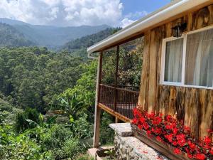 una casa con flores rojas a un lado. en Cabaña campestre cerca a Ecoparque El Salado, Envigado., en Envigado