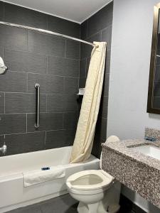 a bathroom with a toilet and a tub and a sink at Knights Inn Madison Heights in Madison Heights