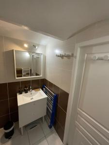 a bathroom with a white sink and a mirror at Studio vallon d'Azur à Carqueiranne in Carqueiranne