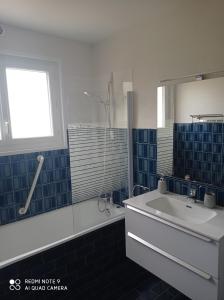 a bathroom with a sink and a mirror and a tub at Gîte A-B Roger in Ganties