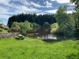 a picnic table sitting in the grass next to a lake at The Barn at Pentregaer Ucha, with tennis court and lake in Oswestry +25 photos