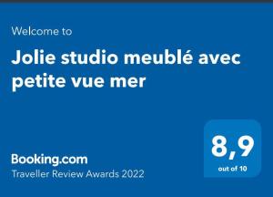Certificat, premi, rètol o un altre document de Jolie studio meublé avec petite vue mer
