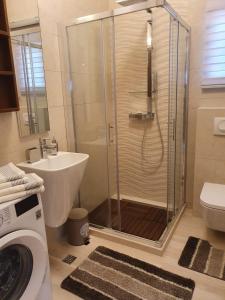 a bathroom with a shower and a sink and a washing machine at Apartmani Tip-Top in Tivat
