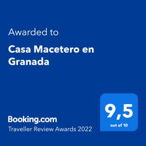 Certifikat, nagrada, logo ili neki drugi dokument izložen u objektu Casa Macetero en Granada