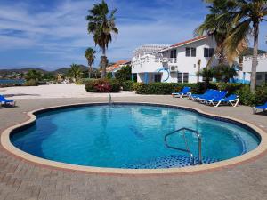 a large pool with blue chairs and a house at Marazul Dive Apartment F1 in Sabana Westpunt