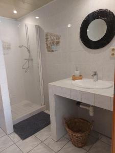 W łazience znajduje się umywalka oraz prysznic z lustrem. w obiekcie appartement rdc plein centre avec terrasse w mieście Visé