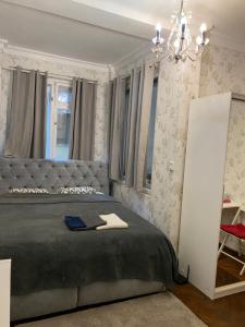 1 dormitorio con cama y lámpara de araña en Timmy Apartment Ostrovni 4 Prague 1 en Praga