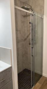 a shower with a glass door in a bathroom at Belle maison climatisée - MEET - Aeroscopia - TRAMWAY in Aussonne +19 photos