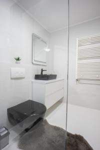 a bathroom with a black toilet and a sink at Postavaru Studio in Poiana Brasov