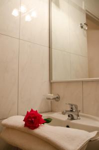 ein Badezimmer mit einem Waschbecken und einer roten Blume auf einem Handtuch in der Unterkunft Athos Hotel in Nydri
