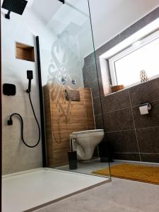 a bathroom with a shower with a toilet and a window at Apartament w Jałowcach in Gronków