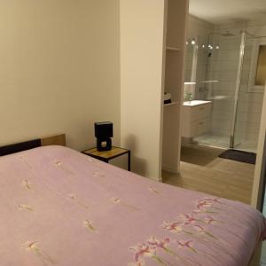 een slaapkamer met een roze bed en een badkamer bij Villa Cara, 6 personnes, proche plage et commerces, secteur calme, Classé 3 étoiles in Le Barcarès