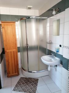 y baño con ducha y lavamanos. en RESTAURACJA & PENSJONAT SZAMANKO en Hrubieszów