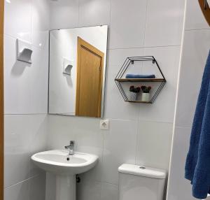 y baño con lavabo, espejo y aseo. en Apartamento Córdoba Palace, en Córdoba
