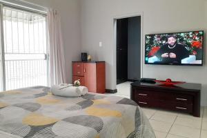 a bedroom with a bed and a flat screen tv at Cozy Hatfield Condo in Pretoria