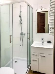 een badkamer met een douche, een toilet en een wastafel bij Agroturystyka u Aleksa in Krajno-Zagórze
