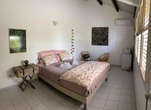 een slaapkamer met een bed en een tafel en ramen bij Chambre d'hôte La Villa Gialla in Schœlcher