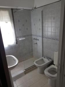 a bathroom with a shower and a toilet and a sink at Departamentos El Colono Duplex 2 in Viedma +9 photos