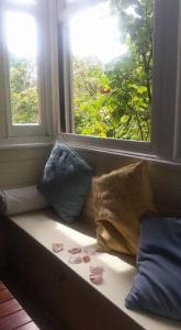 a window seat with pillows and a window with a view at Dowling Cottage - tranquil haven in Blackheath in Blackheath