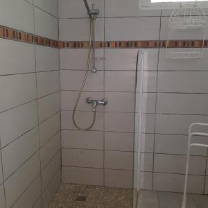 La salle de bains est pourvue d'une douche et de murs carrelés blancs. dans l'établissement LA PERLE MARINE, à Le Prêcheur