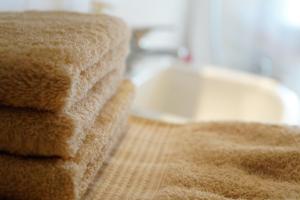 a close up of a couch next to a bath tub at Appartamento Mirandola in Mirandola