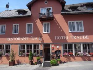 un hombre parado frente a un hotel en Hotel Traube, en Scuol