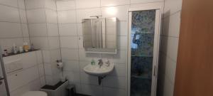 ein Badezimmer mit Waschbecken, Toilette und Spiegel in der Unterkunft Haus Kunterbunt in Mehlingen + 19 Fotos