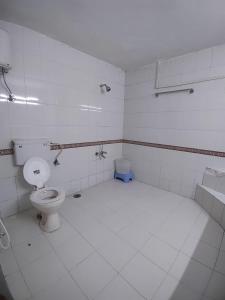 La salle de bains blanche est pourvue de toilettes et d'un lavabo. dans l'établissement CASA Orchard House, à Mount Âbû