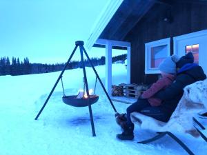 a person sitting on a swing in the snow at Hytte på Myhre Gård in Skammestein +6 photos