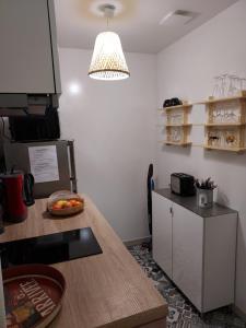 a kitchen with a counter top and a refrigerator at Le Clos de la Vigneronne in Messas