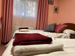 a bedroom with two beds with towels on them at Habitacion en casa rural particular el Palomar in Villena